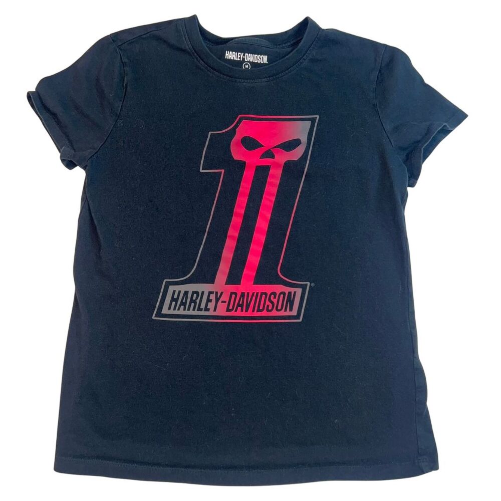 Harley Davidson T shirt Womens Medium Black Pink Skull Top Biker Grunge Shirt
